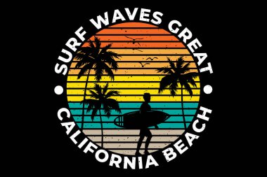 Tişört silueti sörf dalgaları Kaliforniya plaj palmiyesi retro tarzı