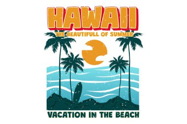 Yaz tatili için Hawaii Tişörtü, sahil el çizimi.
