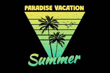 Tişört cenneti tatili yaz günbatımı Palm eski moda tarzı
