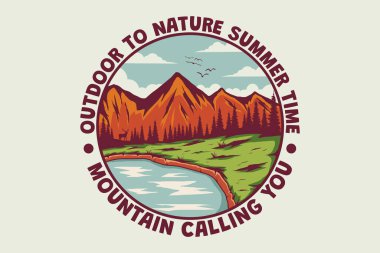 Tişört doğa yaz zamanı dağ el çizimi antika tarzı