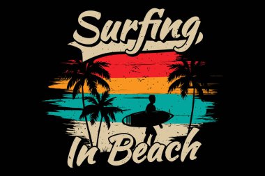 Tişört sörfü plaj palmiyesi rengi antika düz çizim