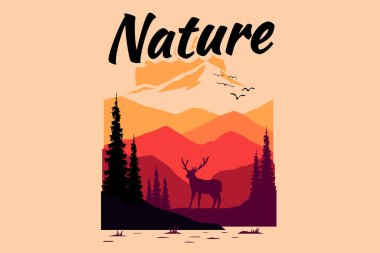 T-shirt design of nature mountain deer summer sunset clipart