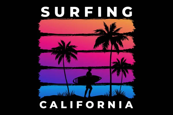 Shirt Surfing Καλιφόρνια Παραλία Ηλιοβασίλεμα Ρετρό Στυλ — Διανυσματικό Αρχείο