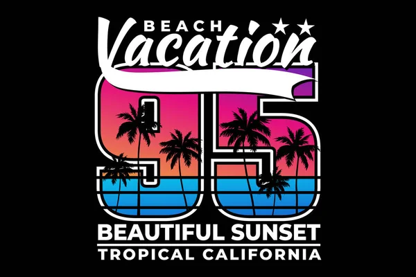 Tシャツの休暇ビーチ美しい夕日 トロピカル カリフォルニア ヴィンテージスタイル — ストックベクタ