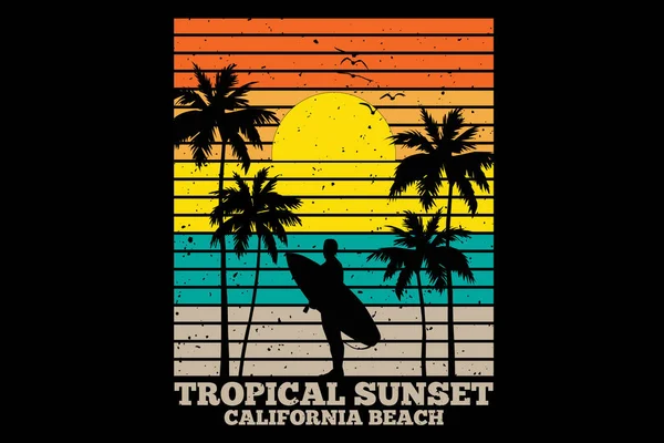 Camiseta Tropical Atardecer California Playa Estilo Retro — Vector de stock
