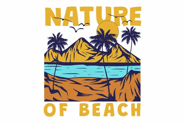 Camiseta Retro Playa Montaña Árbol Naturaleza Vintage Estilo Dibujado Mano — Archivo Imágenes Vectoriales