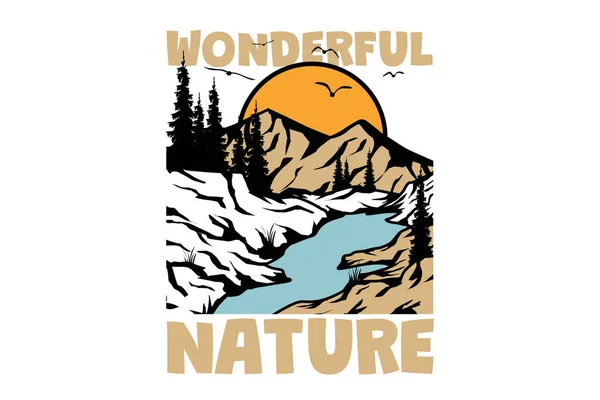 Shirt Wunderbare Natur Kiefer Berg Vintage Stil Handgezeichnet — Stockvektor