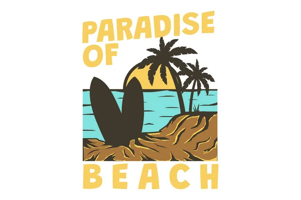 Shirt Paradies Strand Meer Surf Sonnenuntergang Retro Vintage Stil Handgezeichnet — Stockvektor