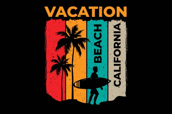 Tシャツの休暇ビーチ カリフォルニアサーフィンレトロスタイルのヴィンテージ — ストックベクタ