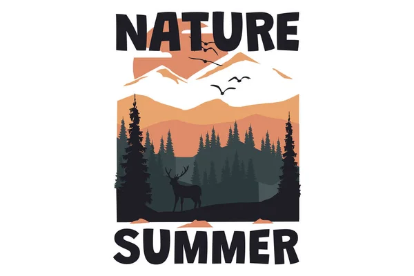 Shirt Natureza Paisagem Verão Cervo Mão Desenhado Estilo Vintage — Vetor de Stock