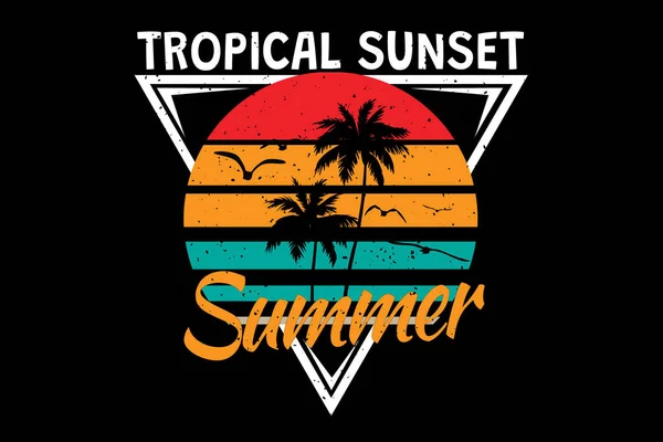 Футболка Тропічний Захід Сонця Літо Ретро Вінтажний Стиль — стоковий вектор