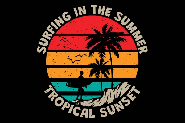 Shirt Surfing Ηλιοβασίλεμα Τροπικό Καλοκαίρι Ρετρό Στυλ — Διανυσματικό Αρχείο