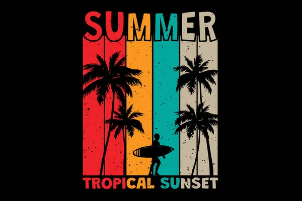Camiseta Verano Tropical Atardecer Surf Estilo Vintage Retro — Vector de stock