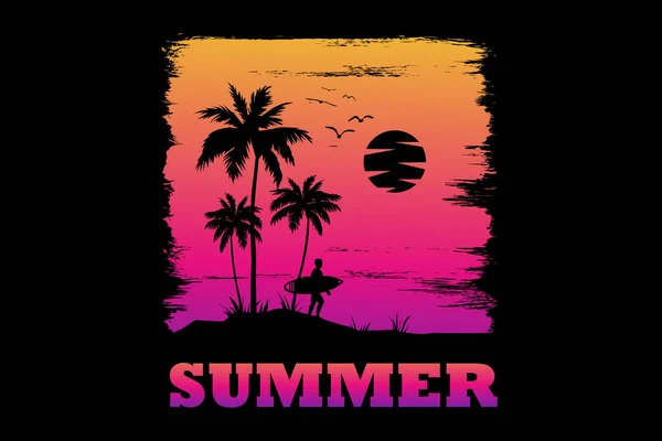 Camiseta Verano Surf Puesta Del Sol Hermoso Cielo Retro Estilo — Vector de stock