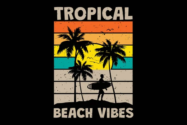 Camiseta Tropical Playa Vibraciones Surf Puesta Del Sol Estilo Vintage — Archivo Imágenes Vectoriales