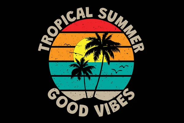 Camiseta Tropical Verano Vibraciones Puesta Del Sol Estilo Vintage Retro — Vector de stock