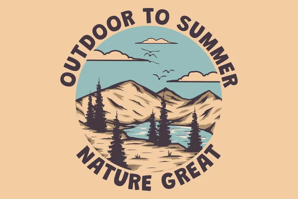 Shirt Odkryty Lato Natura Wielkie Górskie Jezioro Ręcznie Rysowane Retro — Wektor stockowy