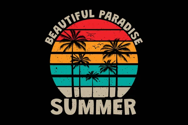 Camiseta Hermosa Paraíso Verano Palmera Puesta Del Sol Color Retro — Vector de stock