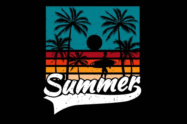 Shirt Sommer Sonnenuntergang Farbe Strand Surf Retro Vintage Stil — Stockvektor