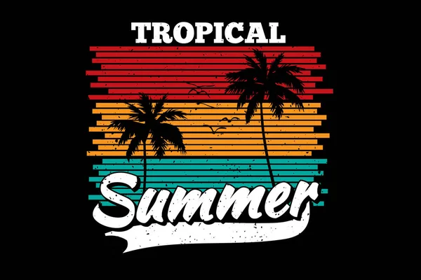 Shirt Tropische Zomer Zonsondergang Kleur Palm Retro Vintage Stijl — Stockvector