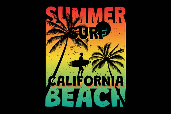 Camiseta Verano California Playa Surf Palma Retro Vintage Estilo — Vector de stock