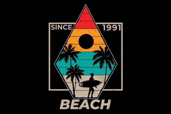 Camiseta Playa Surf Palmera Retro Vintage Ilustración — Vector de stock