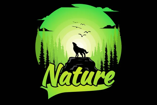 Camiseta Lobo Pino Naturaleza Verde Degradado — Vector de stock
