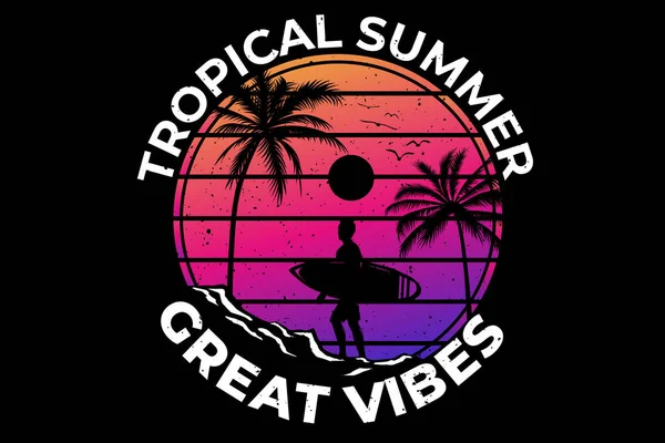 Camiseta Diseño Tropical Verano Grandes Vibraciones — Vector de stock