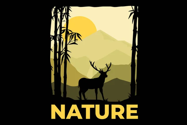 Shirt Design Cervos Natureza Montanha Plana Mão Desenhada Estilo Retro — Vetor de Stock