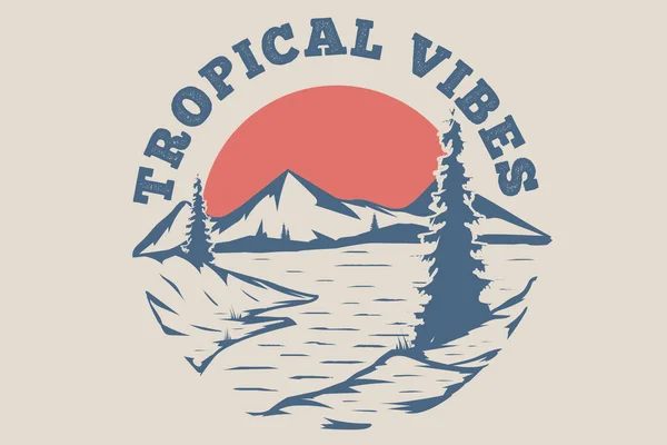 Shirt Projekt Tropikalnych Wibracji Górskiej Plaży Ręcznie Rysowane Styl Vintage — Wektor stockowy