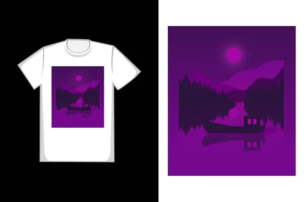 夜の湖は紫のTシャツデザイン — ストックベクタ