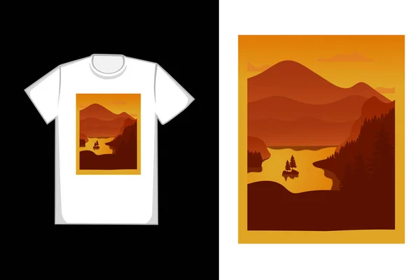 Camiseta Diseño Del Lago Montaña Color Marrón Naranja — Archivo Imágenes Vectoriales