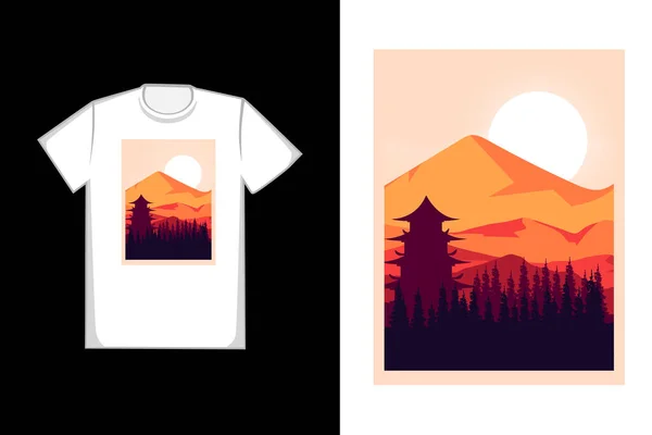 Camiseta Templos Montaña Bosques Naturales — Vector de stock