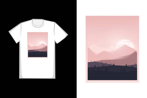 Tシャツの山や松の木の丘の色グレーと黒 — ストックベクタ