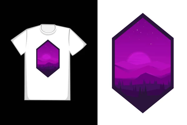 Tシャツ3枚山の正方形と松の森の色黒と紫 — ストックベクタ