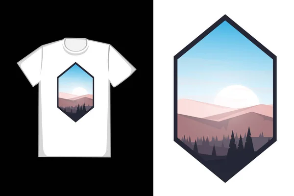 Camiseta Cuadrada Seis Montañas Pinos Cielo Despejado — Vector de stock