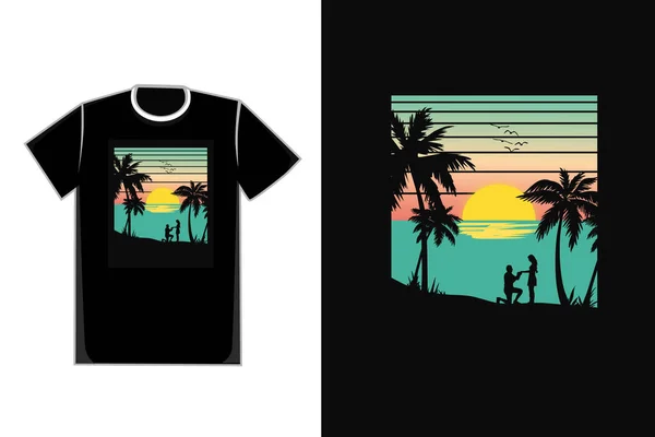 Shirt Casal Romântico Praia Pôr Sol Bela Praia — Vetor de Stock