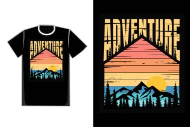Tişört dağ macerası tipografisi çam güneş ışığı antika eski tarz