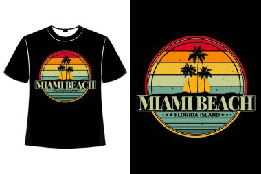 Tişört Miami Beach Florida Island Sunset Retro tarzı.