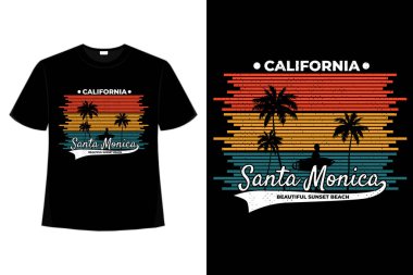 Tişört California plajı Santa Monica Günbatımı retro tarzı