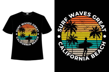 Tişört silueti sörf dalgaları Kaliforniya plaj palmiyesi retro tarzı