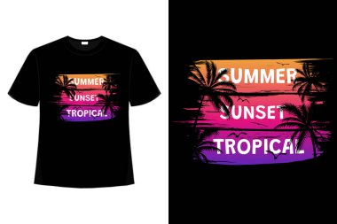 Tişört yaz günbatımı tropikal antika fırça tarzı