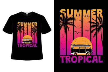 Tişört yaz günbatımı tropikal plaj antika tarzı