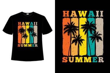 Tişört Hawai yazı palmiye ağacı günbatımı renk retro klasik tarzı