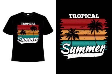 Tropikal tropikal yaz günbatımı tişörtü. Renkli palmiye antika tarzı.