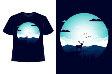 Tişört doğa geyik dağı gece aydınlığı gökyüzü çam ağacı tarzı düz çizim