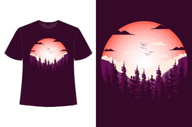 Tişört çam ağacı dağ doğası güzel düz stil vintage illüstrasyon