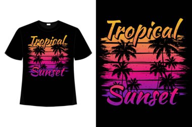 Tişört, tropikal gün batımı plaj fırçası tarzı, klasik illüstrasyon.