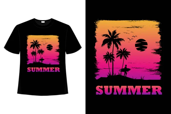 Tシャツ夏のサーフィン夕日美しい空レトロなヴィンテージスタイル — ストックベクタ