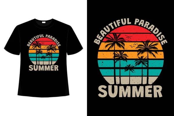 Shirt Mooi Paradijs Zomer Palm Boom Zonsondergang Kleur Retro Vintage — Stockvector